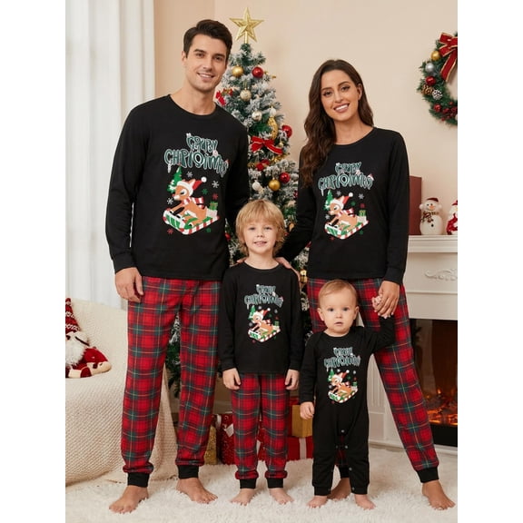 Christmas Family Pajamas Matching Set Letter Elk Print Long Sleeve Tops and Plaid Pants Sleepwear