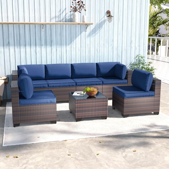 Livipatio Patio Furniture Set, 7 Pieces Outdoor Conversation Set with Rattan Sectional Sofa, Coffee Table for Garden Backyard, Navy Blue