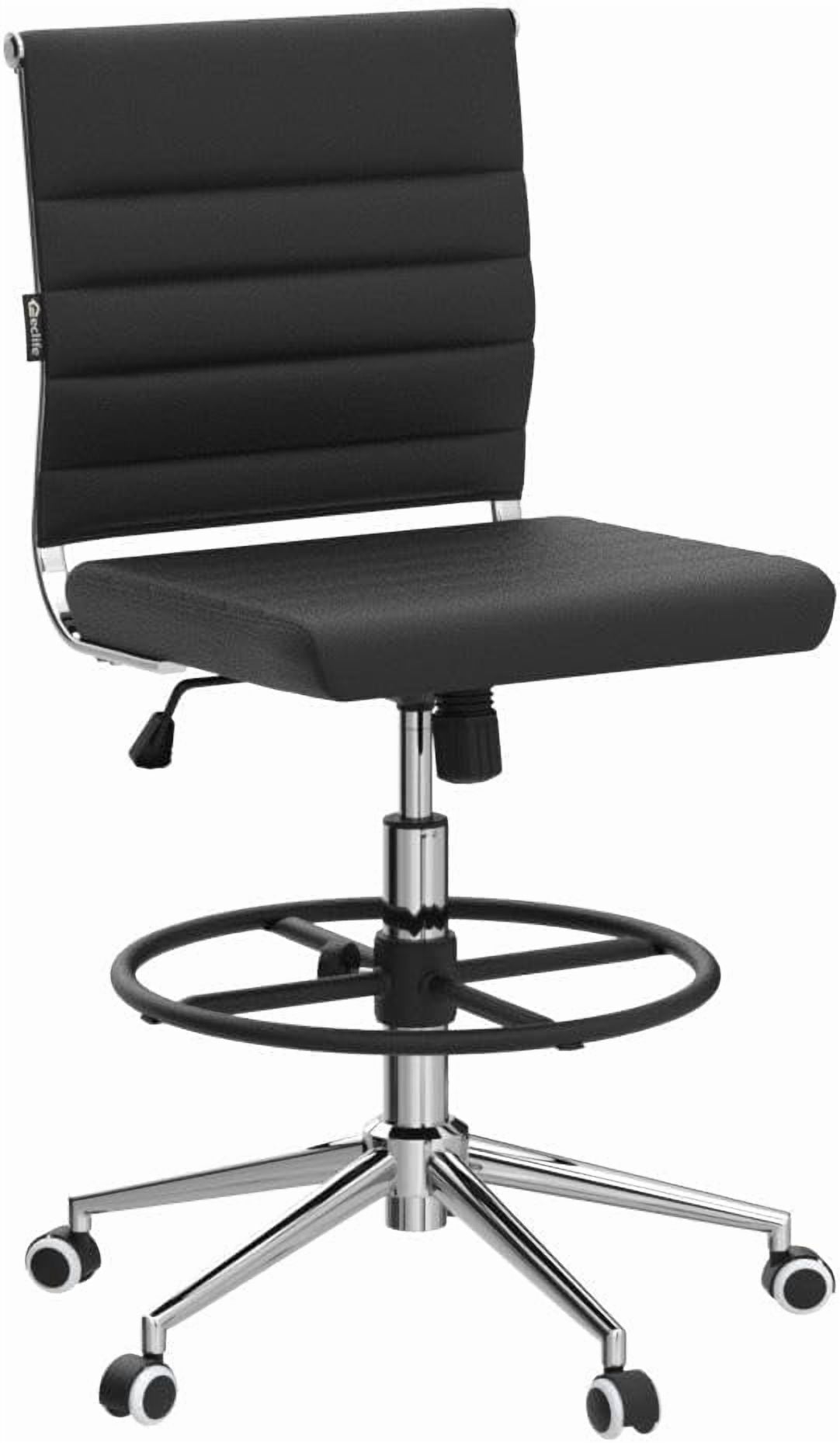 Drafting Chair Armless Desk Stool, 400 LBS Ergonomic Leather Tall Office Chair with Adjustable Foot Ring, Modern Standing Desk Chair with Ribbed Mid Back, Swivel Rolling Drafting Stool.