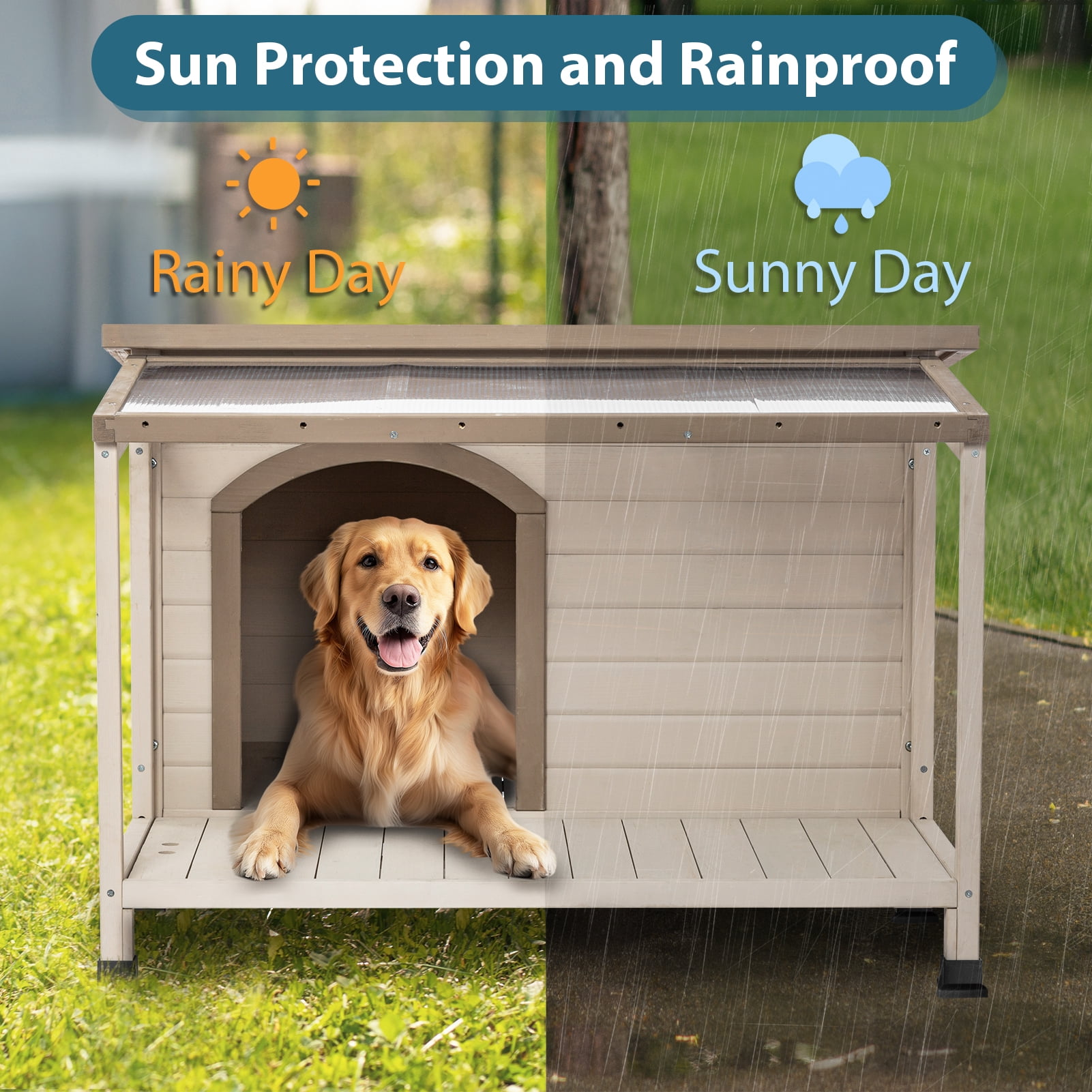 Petsfit Cabin Style Dog House with PVC/Asphalt Roof, Off-White