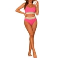 thumbnail image 2 of Conjuntos de bikini de dos piezas de talle alto con canalé para mujer, traje de baño con tirantes ajustables, color rosa rojo, talla X-Large, 2 of 5