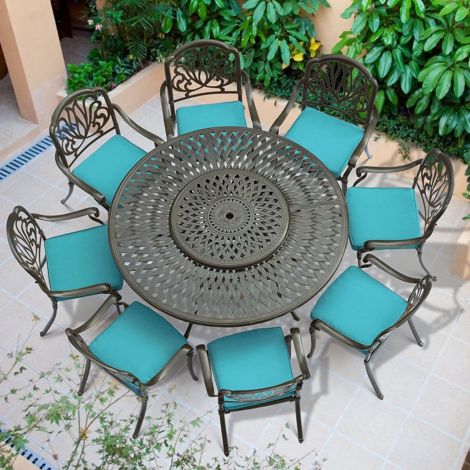 VIVIJASON 9-Piece Patio Furniture Dining Set, Cast Aluminum Rust-Free Outdoor Conversation Set, Include 61" Round Dining Table with 31" Lazy Susan & 8 Cushioned Chairs, Umbrella Hole, Ocean Blue