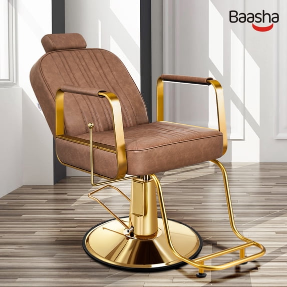 Baasha Barber Chair Reclining Salon Chair for Hair Stylist, All-Purpose Hair Chair with Hydraulic Pump, Profession Gold Salon Chair Shampoo Chair Tattoo Chair with Removable Headrest - Gold & Brown