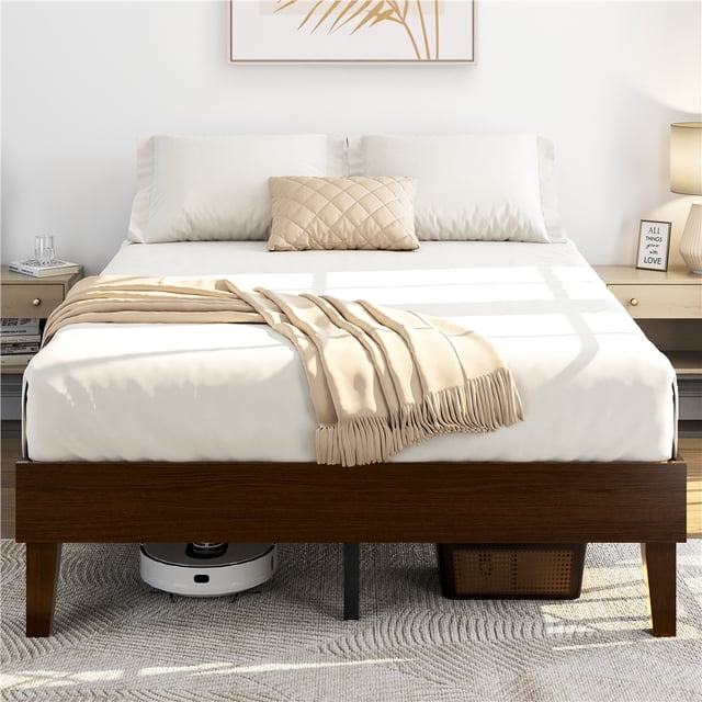 Yaheetech Full Size Wooden Platform Bed Frame with No Headboard, Dark Walnut