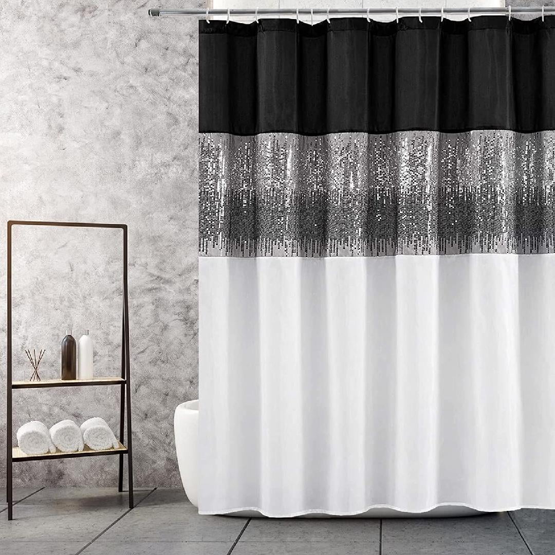 Black and White Shower Curtain, Night Sky Shower Curtain Sequin Fabric