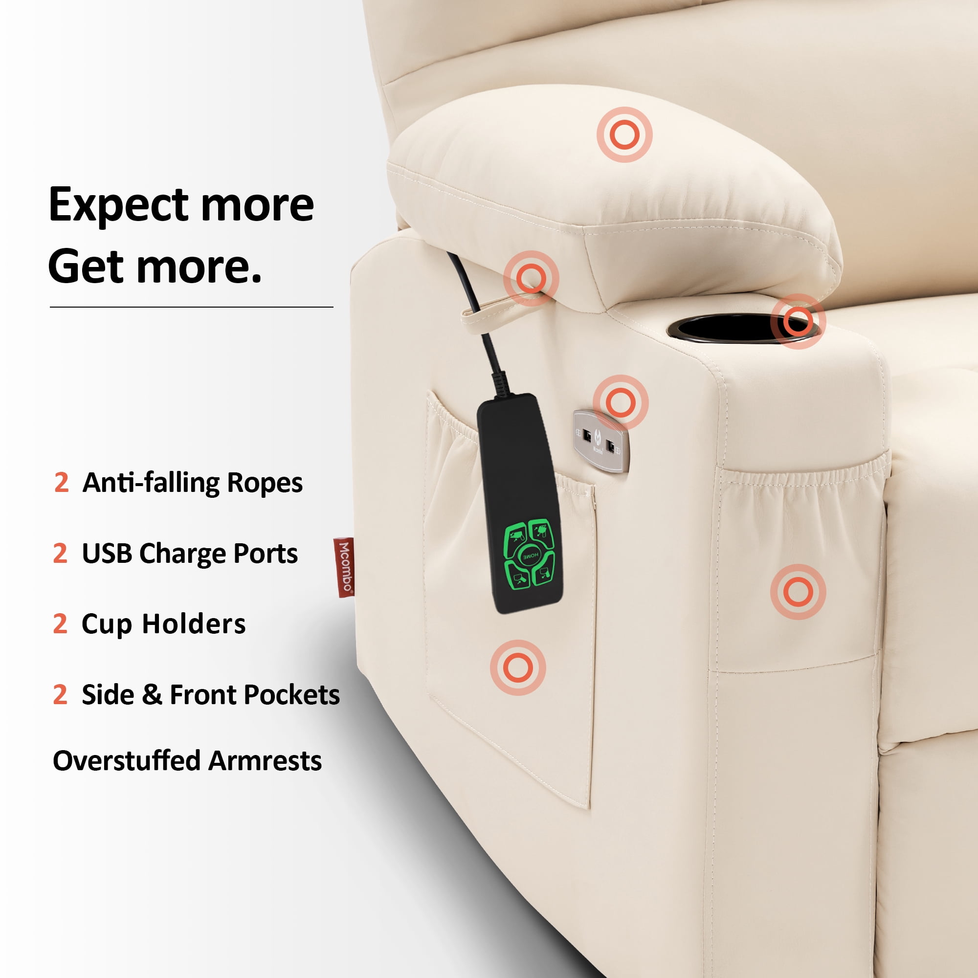 MCombo Dual Motor Large Power Lift Recliner Chair with Massage and Heat for Elderly Big and Tall People, Infinite Position, Extended Footrest, Faux Leather 7680 (Cream White, Large)
