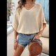 thumbnail image 5 of Camisas Holgadas de Punto Gofre con Cuello en V para Mujer, de Corta, Informales, de Verano 2025, Modernas, Lisas, Y2K. Albaricoque S, 5 of 10