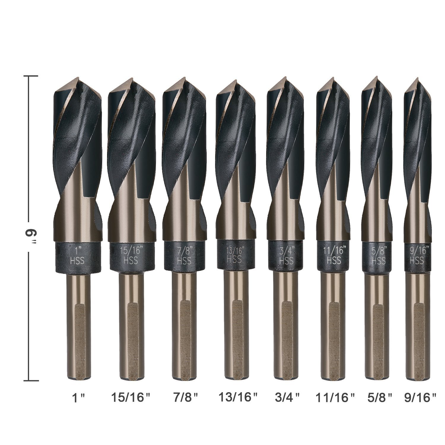 High Speed Steel SAE Size 9/16” 1” by 1/16th 8-Piece 1/2” Tri-Flat Shank Silver and Deming Drill Bit Set in Aluminum Carry Case HSS 