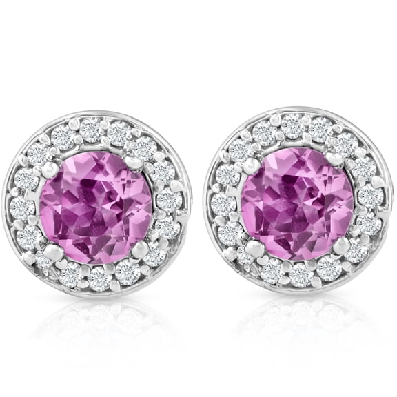 Pompeii 5/8ct Halo Diamond Pink Sapphire Studs 14K White Gold (G/H,I1)