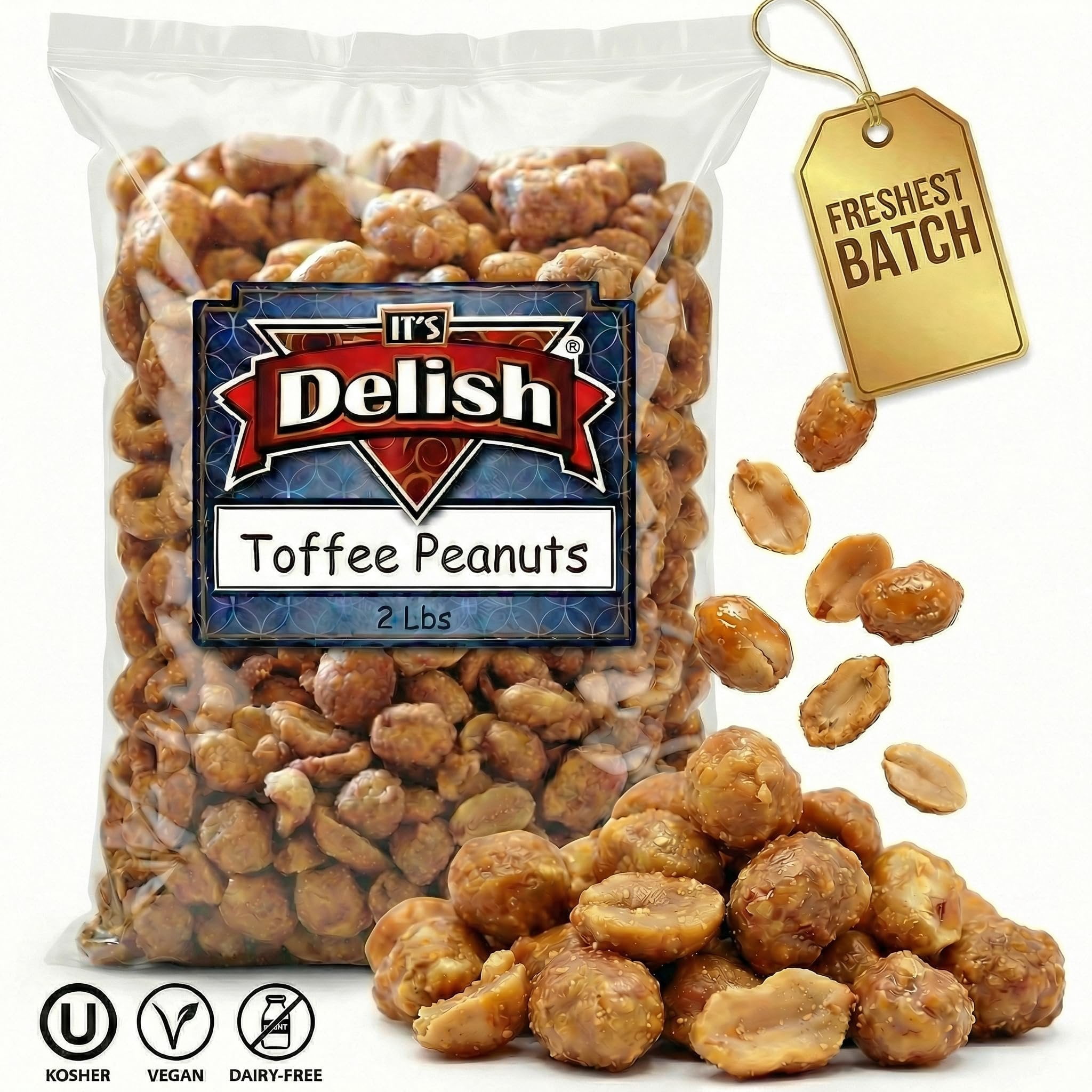 Gourmet Butter Toffee Coated Peanuts by Its Delish, 2 lbs - Sweet Crunchy Caramelized Nuts Snack Candy Covered Nut  Butter Toffee Flavored, Dairy-Free, Vegan, Kosher