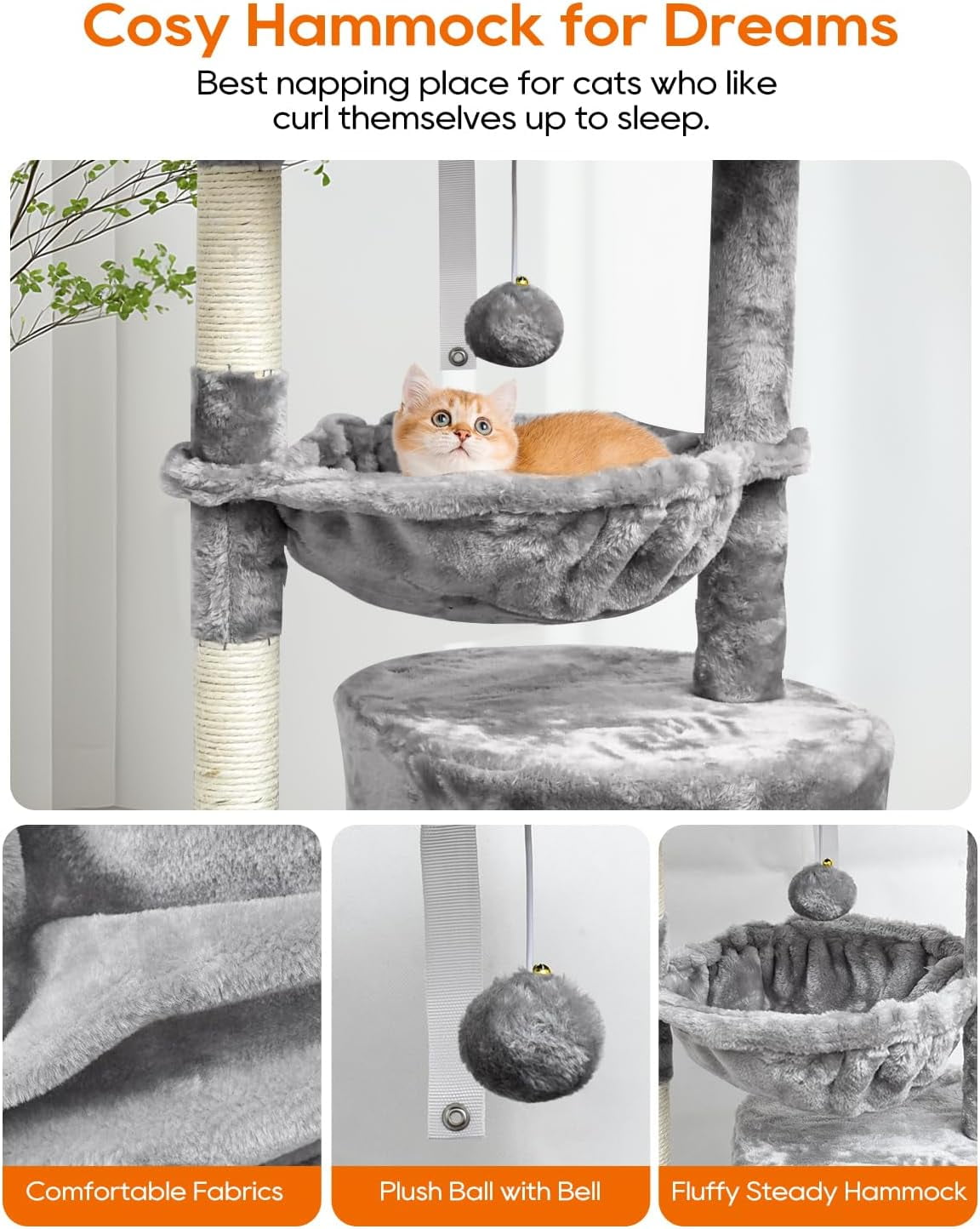 Small Cat Tree for Indoor Cats, Activity Cat Tower with Scratching Post for Kittens, Modern Cat Furniture with Basket & Hanging Ball for Play Rest, Grey