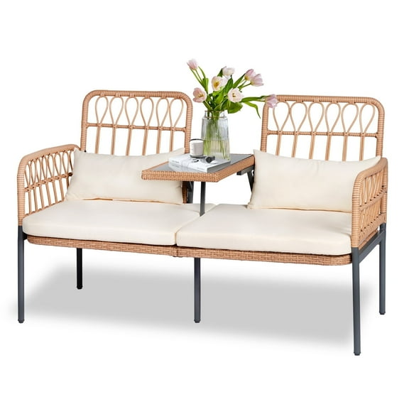 Tappio Outdoor Rattan Loveseat, Patio Rattan Conversation Set Seat Sofa Cushioned Loveseat Table Chairs with Built-in Coffee Table, Beige