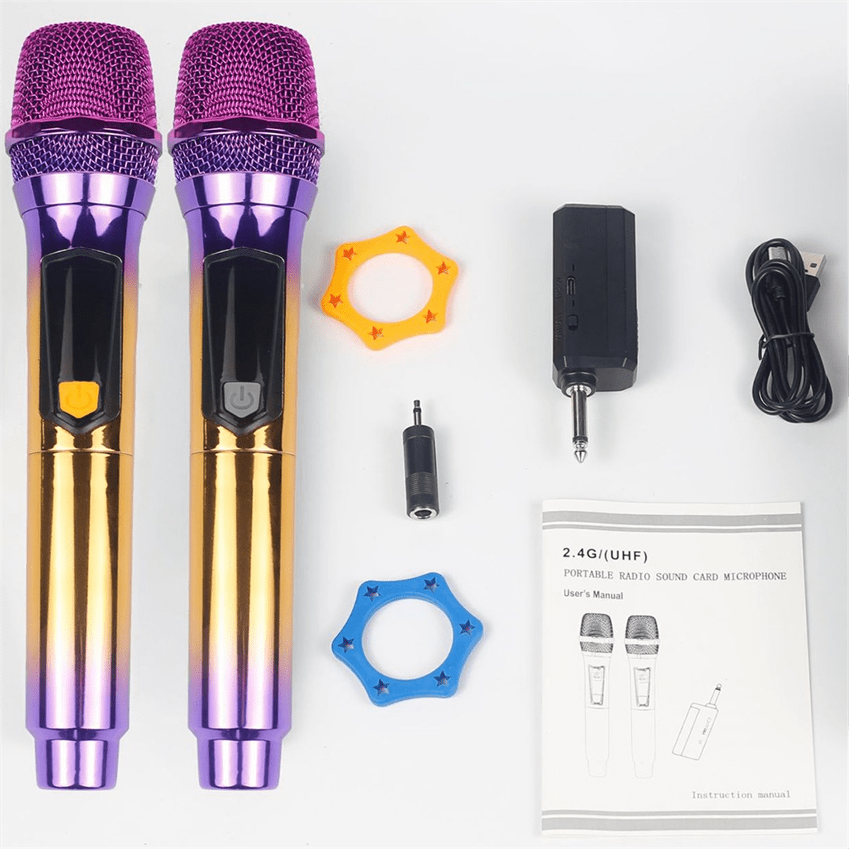 2.4G Dynamic Handheld Wireless Microphone Home Singing Stage Performance Audio Sound Card Karaoke Universal Microphone,2 x Microphones 1 x English instruction manual 1 set x accessories