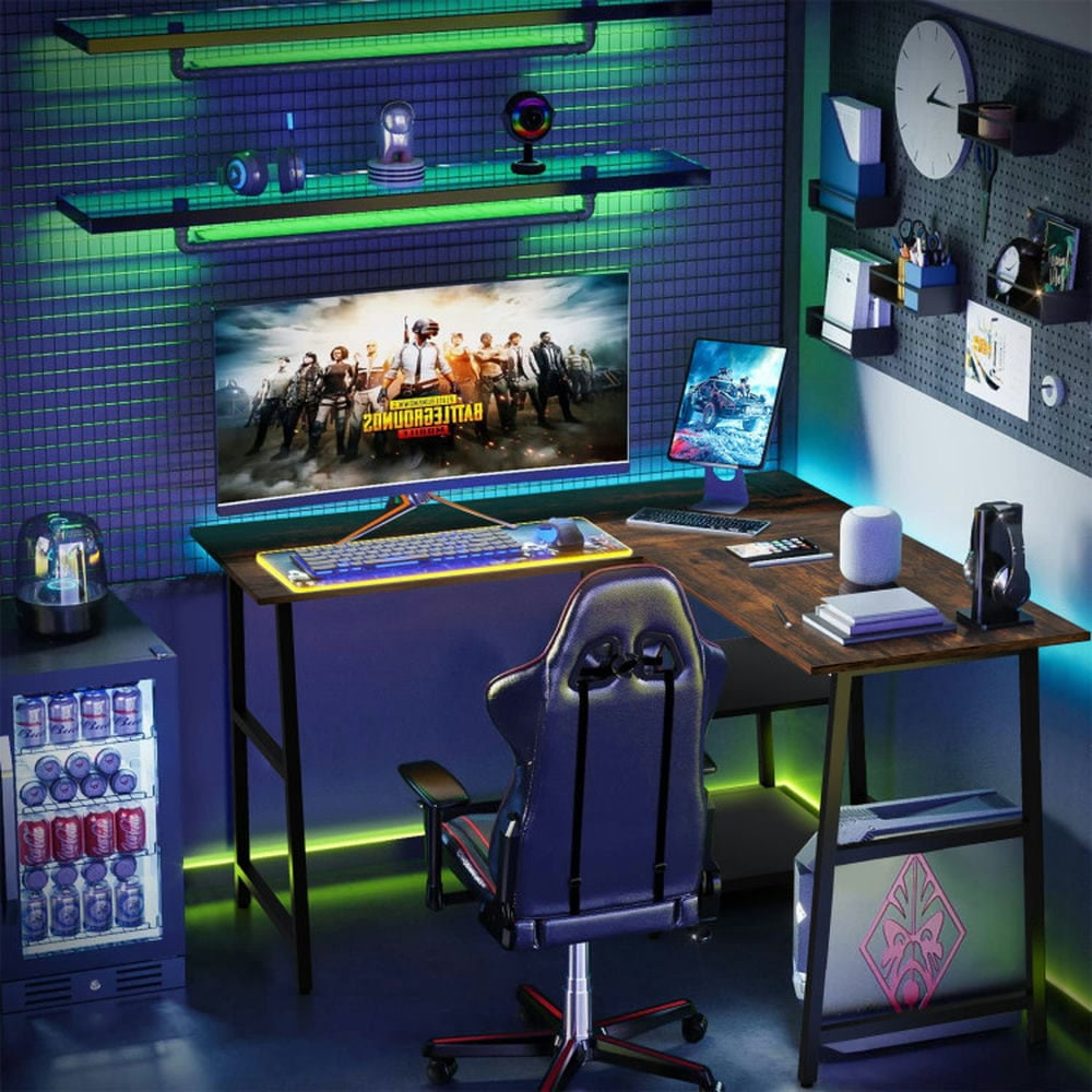 Kadyn L-Shaped Desk, Corner Computer Desk, Home Office Desk, L Shaped Corner Computer Desk with Storage Shelves-Brown