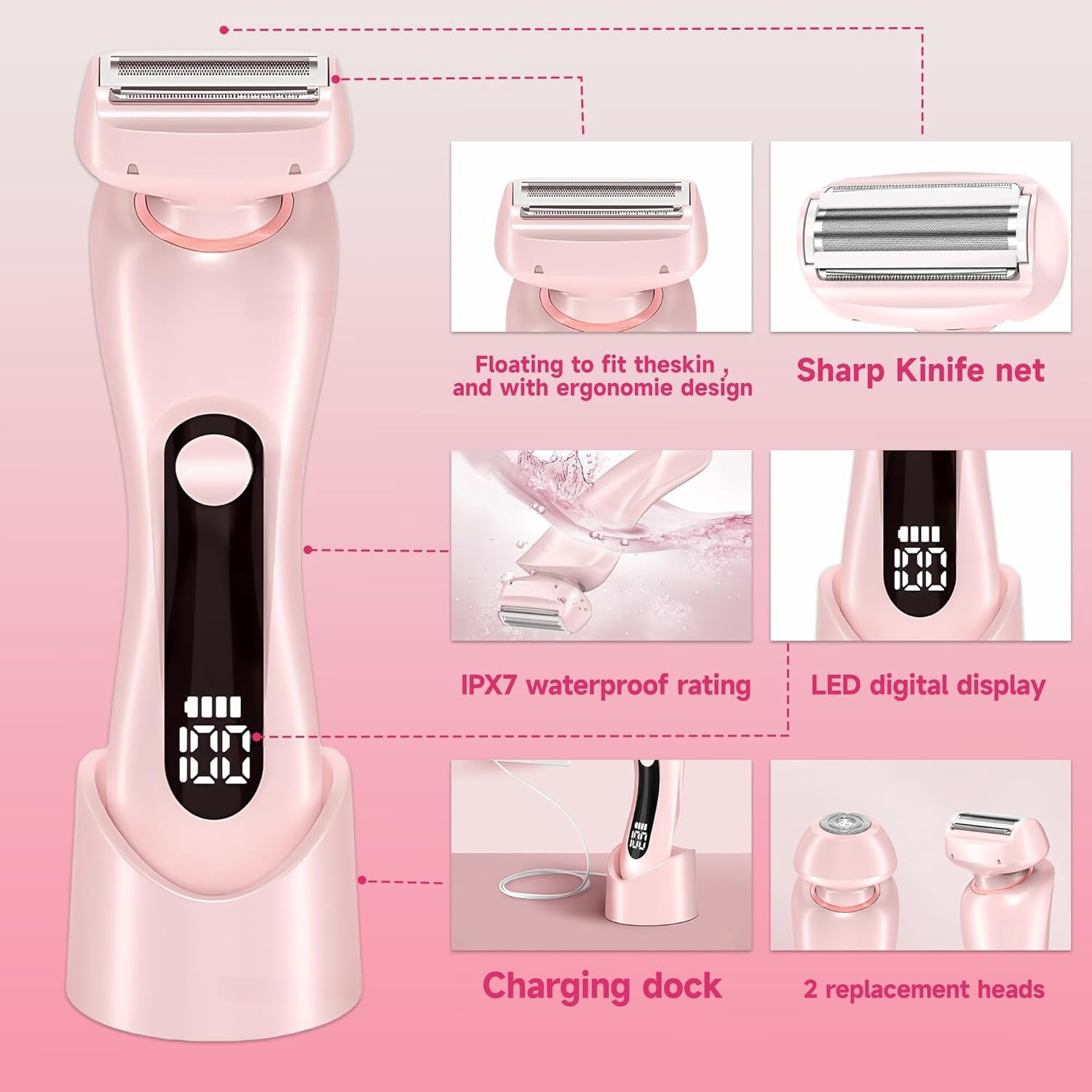 Electric Razor for Women, 2 in 1 Wet & Dry Painless Removal Shaver with Detachable Head, Base and LED Display, IPX7 Waterproof Long Battery Life Hair Removal for Underarm ArmBikini Legs Face (Pink)