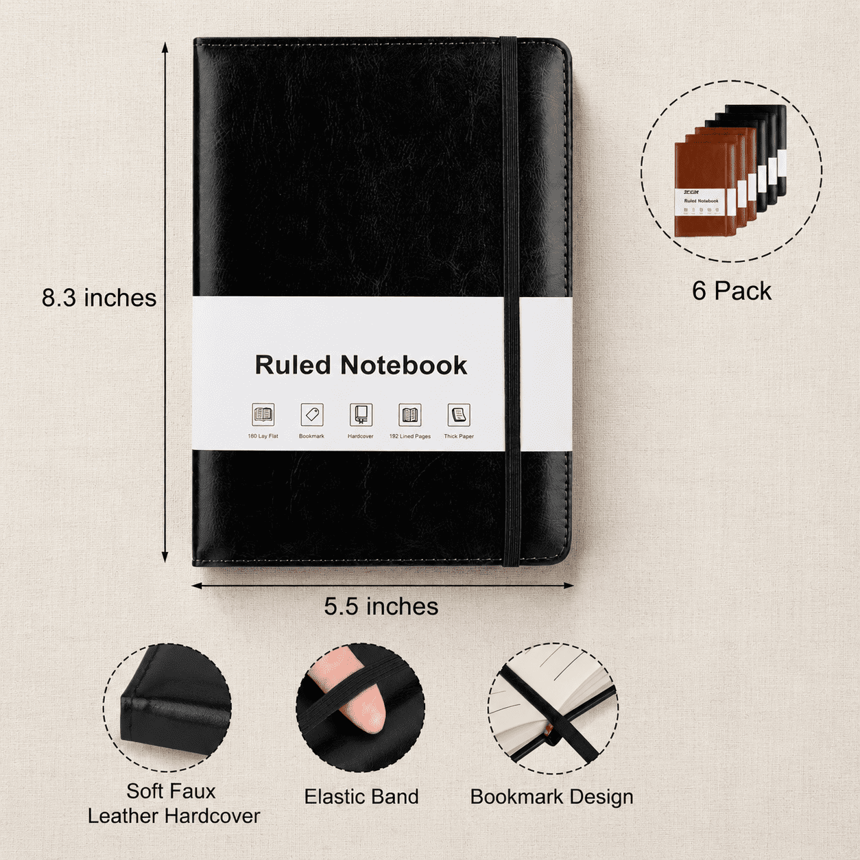 6 Pack Lined Journal Notebooks 192 Pages A5 Hardcover Leather Journals For Work Writing School & Travel College Ruled Journaling