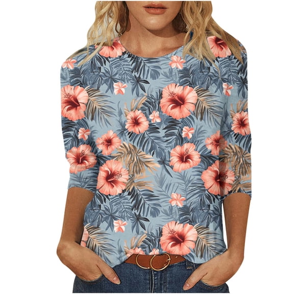 YUGYXL Shirts for Women 3/4 Length Sleeve Tee Tops Casual Round Neck T Shirts Summer Floral Print Dressy Blouses Gray L