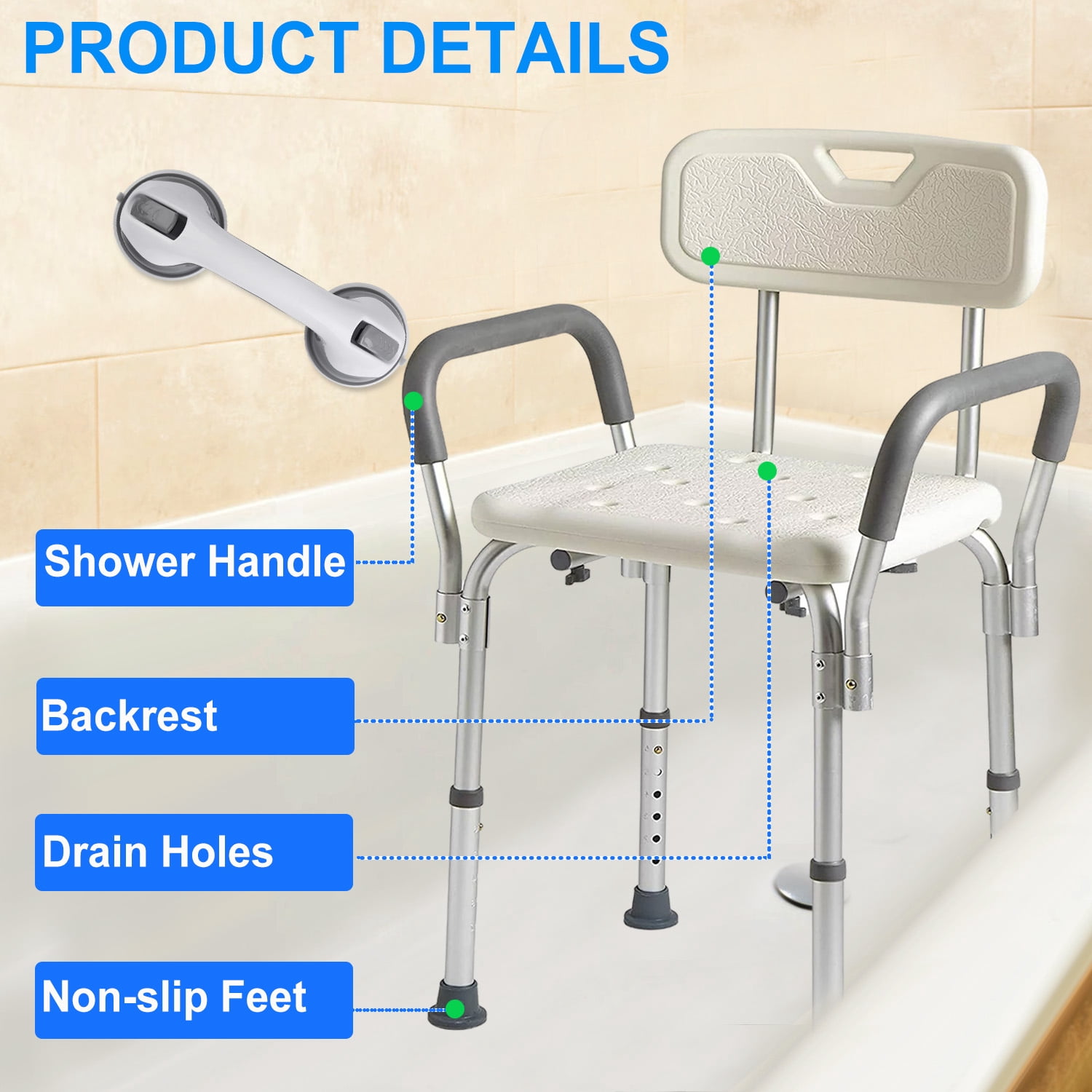 Shower Chair, Heavy Duty Shower Chair with Shower Handle, Adjustable Heights Portable Shower Chair Seat Bench, Anti-Slip Shower Bench Bathtub Stool for Elderly, Senior, Handicap & Disabled