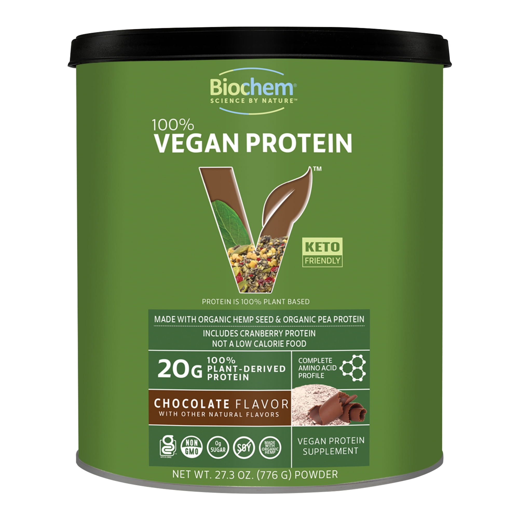 Biochem 100% Vegan Protein Chocolate 20g, 27.3oz, Made with Organic Pea Protein and Organic Hemp Seed, Soy-Free, Certified Vegan, Certified Gluten Free, Non GMO, Keto Friendly