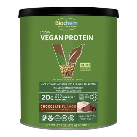 Biochem 100% Vegan Protein Chocolate 20g, 27.3oz, Made with Organic Pea Protein and Organic Hemp Seed, Soy-Free, Certified Vegan, Certified Gluten Free, Non GMO, Keto Friendly