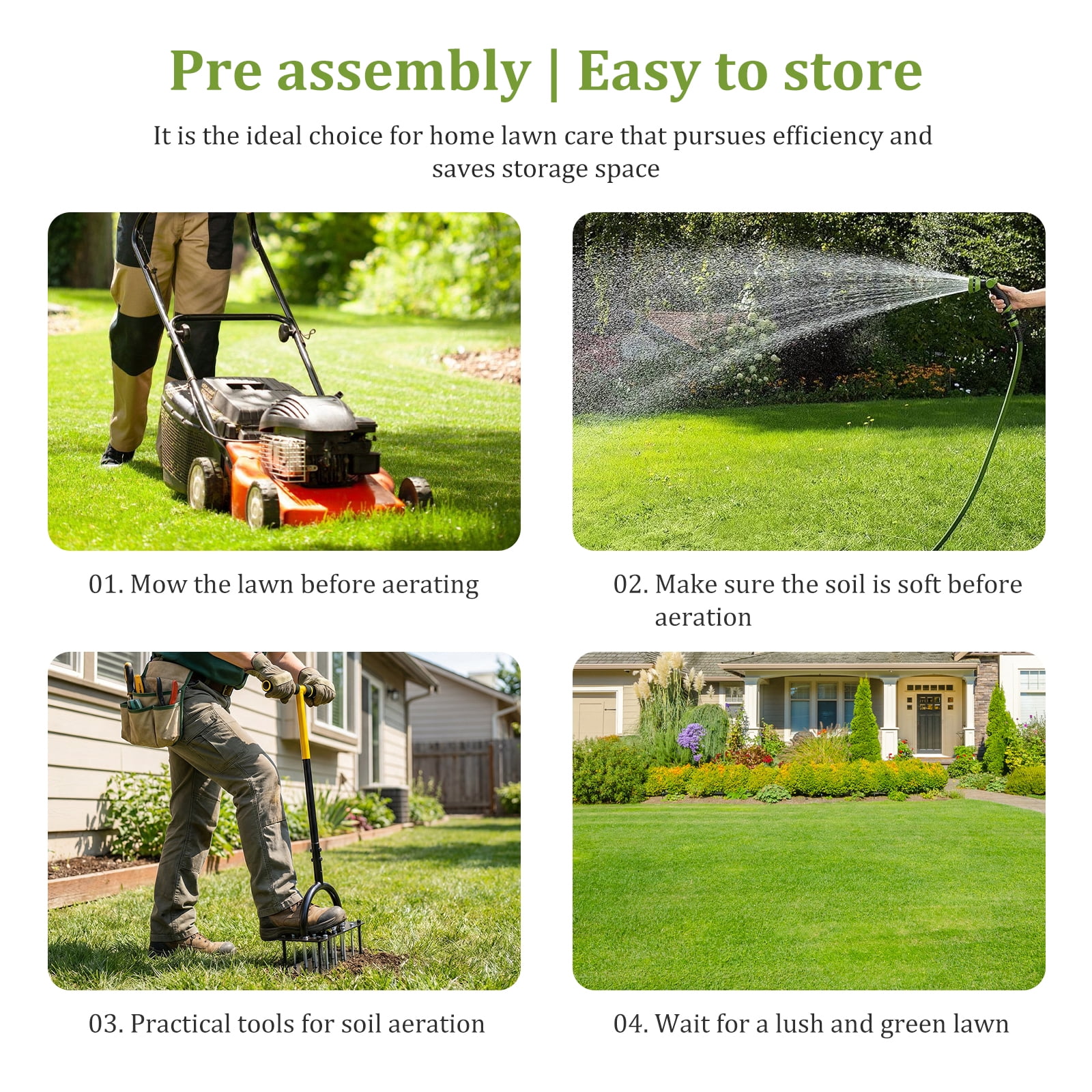 Austok Lawn Aerator Spikes Aerating Tool Metal Manual Auto Soil and Leaf Clean Design Pre Assembled 16 Spikes for Yards Lawn Gardening