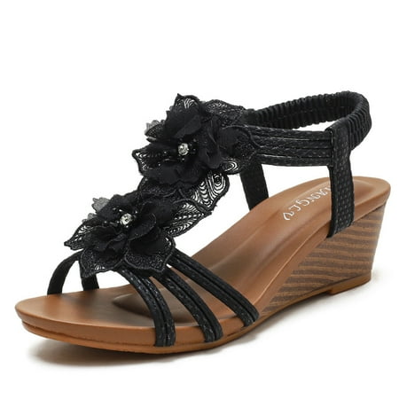 

Roman Sandals for Women Peep Toe Slip on Platform Elastic Ankle Strap Flower Rhinestone Wedge Heeled Sandal
