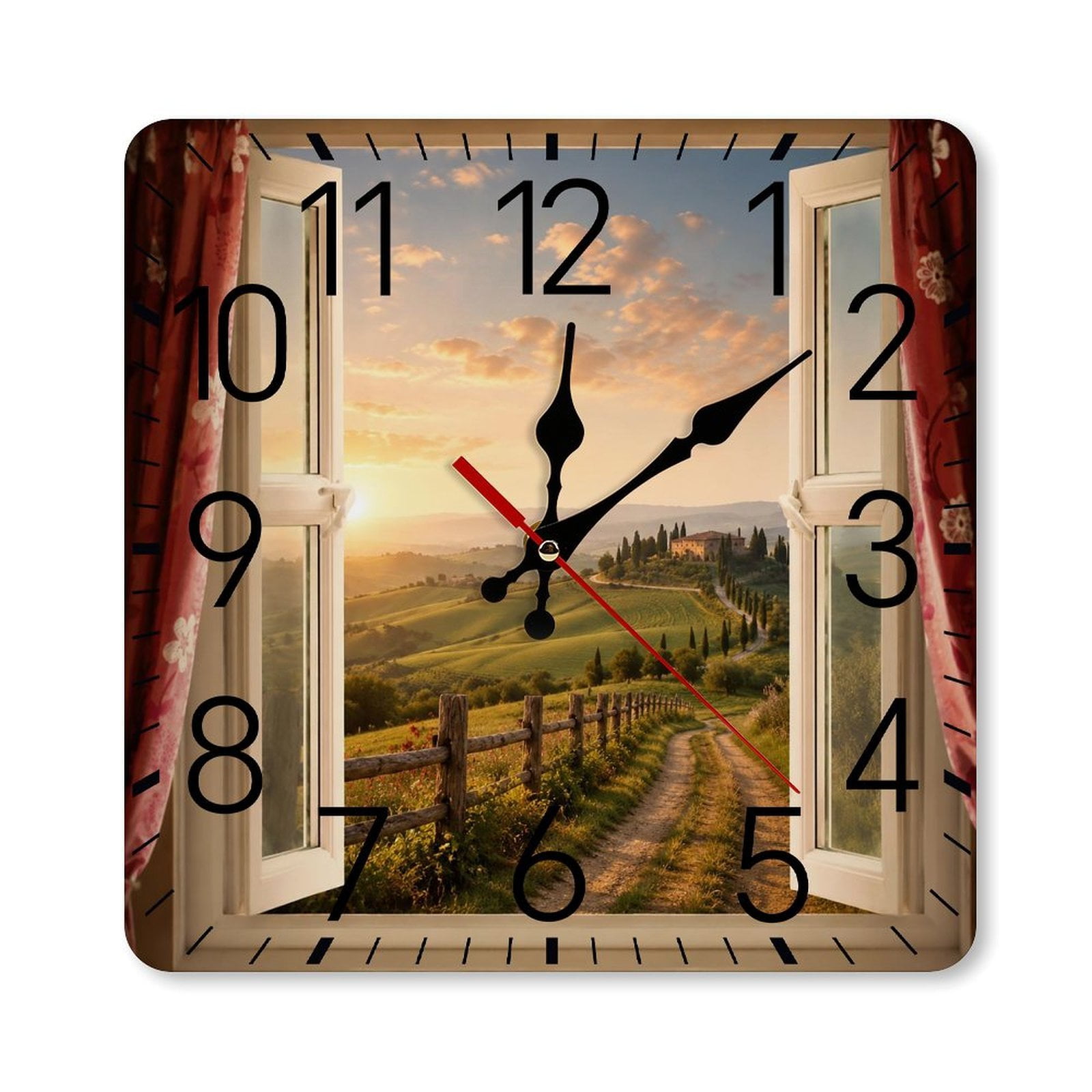 RKSupls 10 × 10 inch Square Silent Wall Clock Wooden Frame, Window View Tuscany Countryside Scale