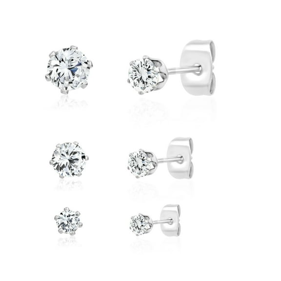 Sensitive Skin Stainless Steel Set of 3 Unisex Cubic Zirconia Stud Earrings 3mm, 4mm, 5mm Round