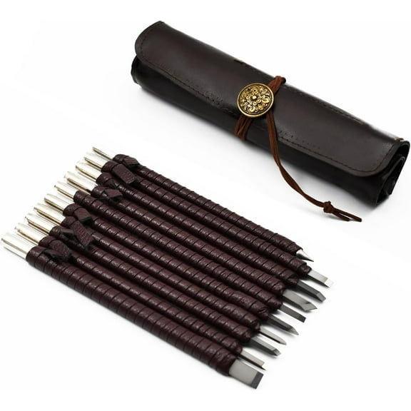 Wood Carving Tool Set 10PCS-Tungsten Steel Soapstone Carving Set-Seal Carving Knife Tool Set-Portable Leather Roll Bag-Suitable For Use In Woodblock Prints,Woodblock Prints,Linoleum Carvings