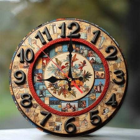 Vintage Collage Photo Mosaic Wall Clock 10-Inch Silent Wooden Wall Clock, Battery Operated (AA Batteries Not Included), Artistic Home Decor