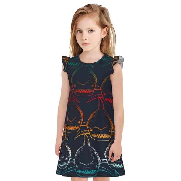 Fotbe Cartoon Sharks Vestido de Dormir para Niñas de 3 a 10 Años, Mangas Cortas, Estilo Princesa, Pijama Camisón con Mangas Voladas-Small
