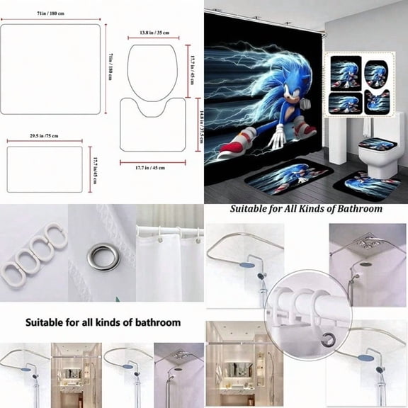 Bathroom 4 Pieces Set er Sonic Shower Curtain Toilet Lid Cover and Bath Mat Non-Slip Rugs Durable and Waterproof for Bathroom Decor Set 72 x 72