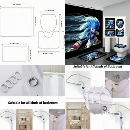 Bathroom 4 Pieces Set er Sonic Shower Curtain Toilet Lid Cover and Bath Mat Non-Slip Rugs Durable and Waterproof for Bathroom Decor Set 72 x 72