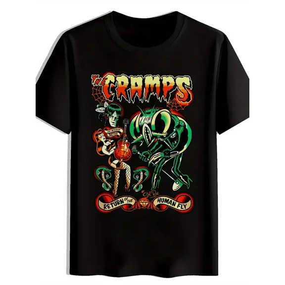 Men'S Vintage Rock Band Graphic T-Shirt - Crew Neck, Short Sleeve, Summer Polyester Top with "THE CRAMPS" Print, Heavy Metal Music Inspired, Ideal for Travel, Dates