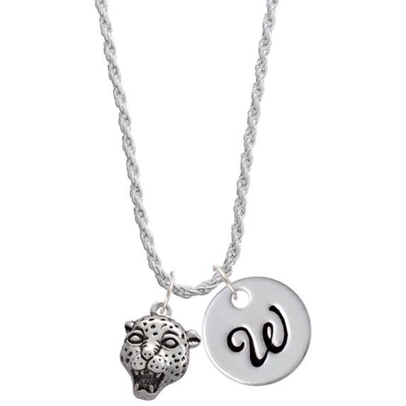 Delight Jewelry Silvertone Small Jaguar - Mascot Silvertone Script Initial Disc - W - Charm Necklace, 20"+3"
