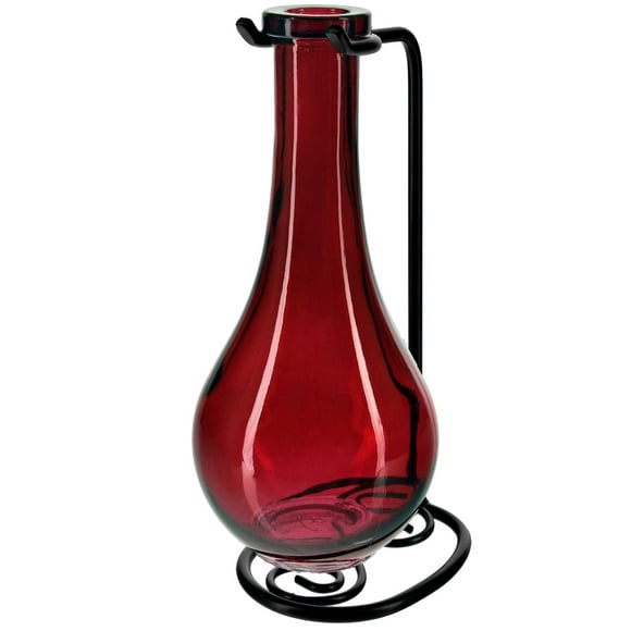 Couronne Company M402-200-06 Drop Recycled Glass Vase & Metal Stand, 8", Red, 1 Piece