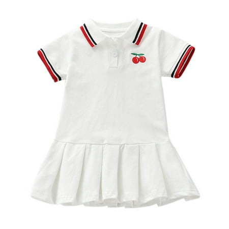 

Summer Toddler Kids Baby Girls Cherry Embroidery Casual Dress Pleated Polo Sundress