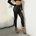 thumbnail image 2 of Pantalones de mujer de cintura alta con aberturas en las piernas de piel sintética - Pantalones informales elásticos de poliéster de color liso, 2 of 8