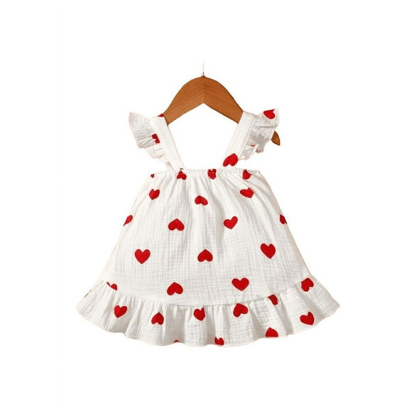Mikrdoo Baby Girls Dress 1M 3M 6M 9M Newborn Girls Heart Print Full Cotton Straps Dress One Piece Summer Casual Dress 6-9 Months White