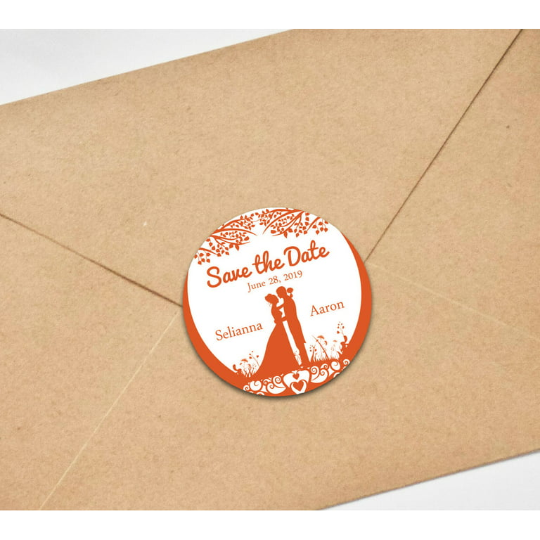 Darling Souvenir Round 45 Pcs Wedding Couple Save The Date Stickers  Personalized Bride Groom Names And Date Envelope Seals - Salmon