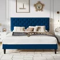 SHA CERLIN King Size Velvet Upholstered Bed Frame with Adjustable Diamond Button Tufted Headboard, Rivet Ornament, Blue