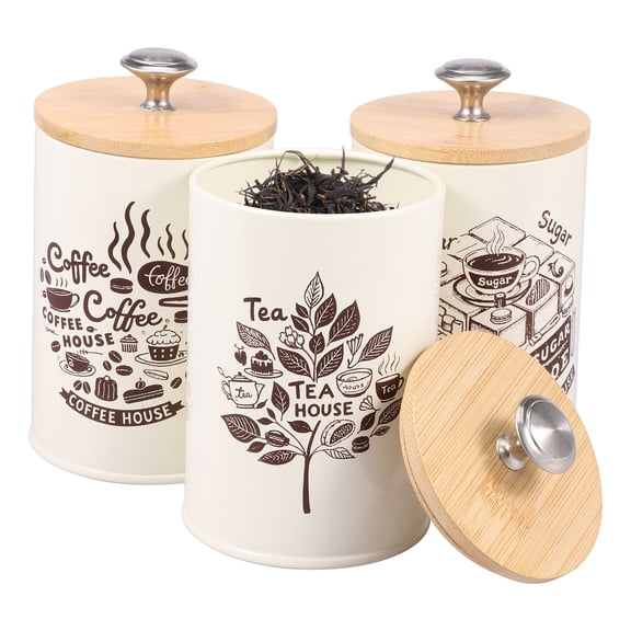 LINFANG 3 Pcs Vintage Tea Coffee Sugar Canister Set Metal Coffee Tea Sugar Container Set with Bamboo Lid for Home Countertop Pantry