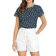 thumbnail image 4 of INSPIRE CHIC Women's Cute Leaf Print Top Blouse Round Neck Short Sleeve Work Office Shirt Dark Blue M, 4 of 6