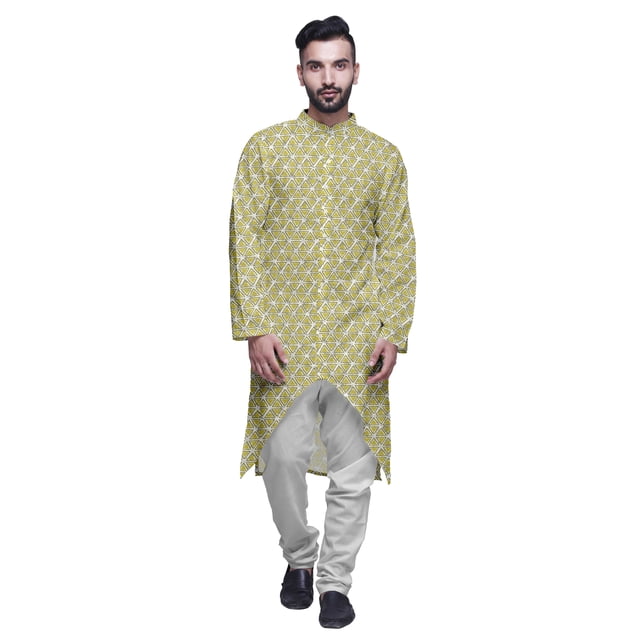 Atasi Printed Long Sleeve Kurta For Men Button Down Cotton Slub Ethnic Shirt