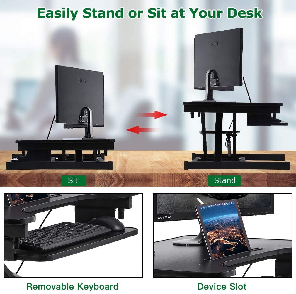 JUSTSTONE 32 inches Stand Up Desk Riser for Standing or Sitting Home Office with Removal Keyboard Tray Fits Dual Monitors Standing Desk Converter Computer Workstation Adjustable Height Black 