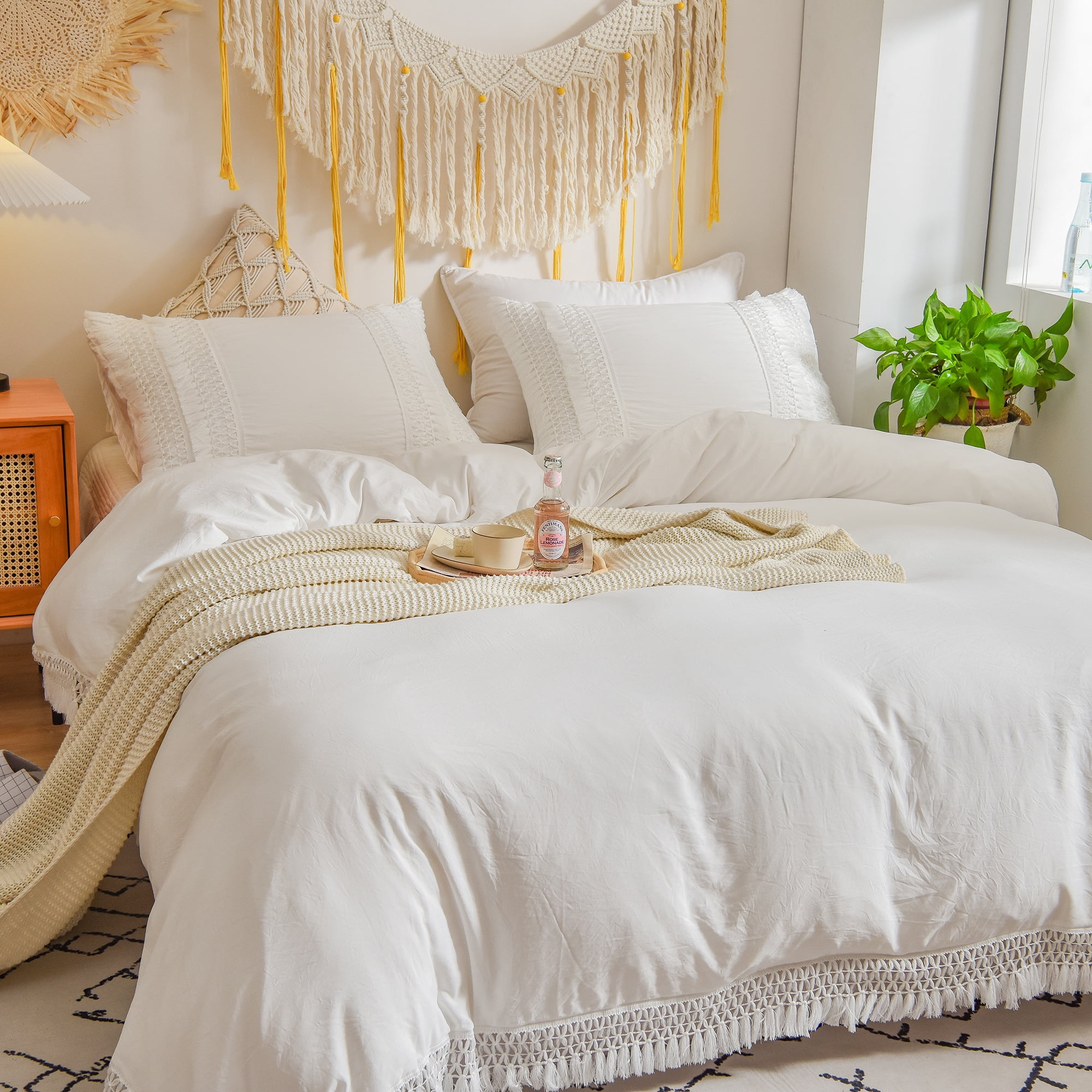 Move Over White Macrame Tassel Bedding Sets Queen Boho Chic Washed Microfiber Tassel Patern Duvet Cover No Filling