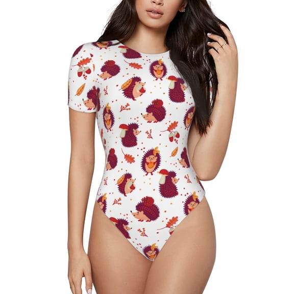 Kdxio Cartoon Hedgehogs for Women's Short-Sleeved Onesie Stylish Round Neck Pajamas Bodysuit Jumpsuit Nightwear-Small