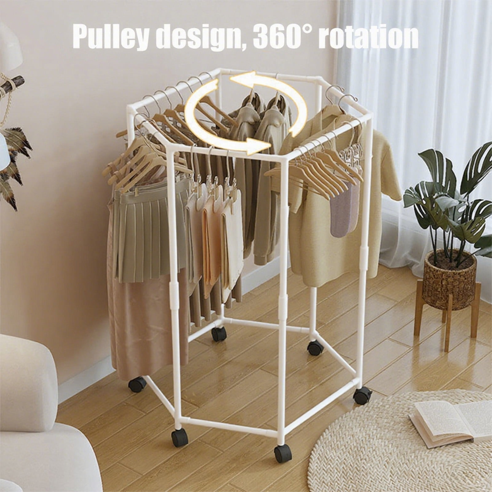RBCKVXZ Rolling Round Garment Rack, Hexagonal Ring Floor-Standing