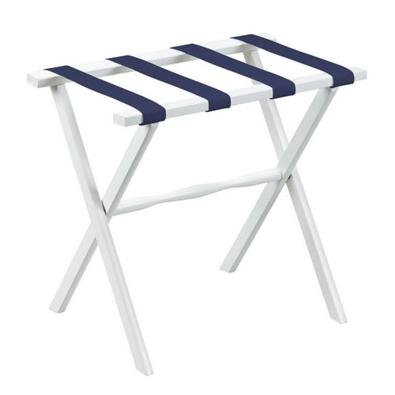 HomeRoots 383076 Hotel White Finish Wood Folding Luggage Rack with Navy Straps