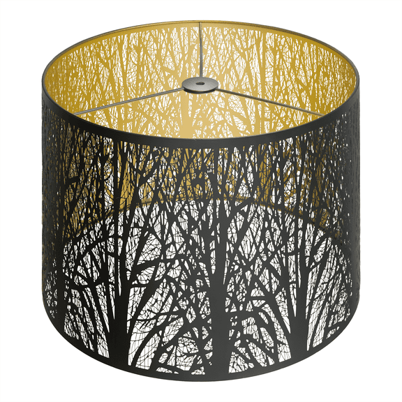 Metal Large Lampshade, AEELLEEA Drum Lamp Shade 14" x 16" x 11" High, Lamp Shades for Table and Floor Lamps, Black Gold Finished Etched Forest, Spider Fitter